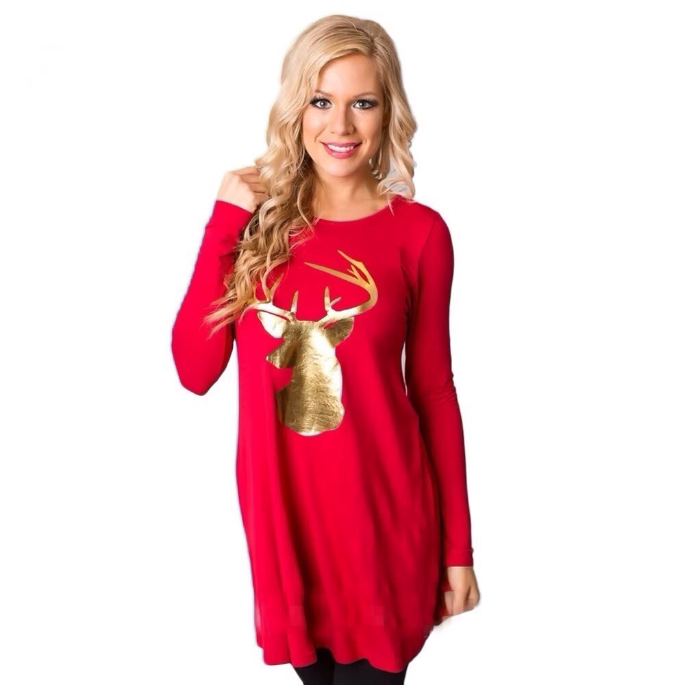 Red Long Sleeve Christmas Tunic Top Gold Reindeer Graphic Womens Size XL Holiday